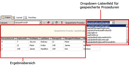 SQL-Abfrage-Designer in der Ansicht für gespeicherte Prozeduren