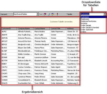 SQL-Abfrage-Designer für den TableDirect-Modus