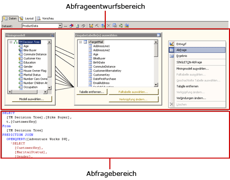 DMX-Abfrage-Designer für Analysis Services, Abfrageansicht