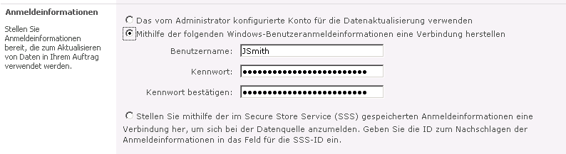 Abschnitt "Anmeldeinformationen" der Seite "Konfiguration der Datenaktualisierung"