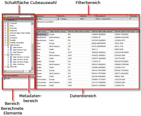 MDX-Abfrage-Designer für Analysis Services, Entwurfsansicht