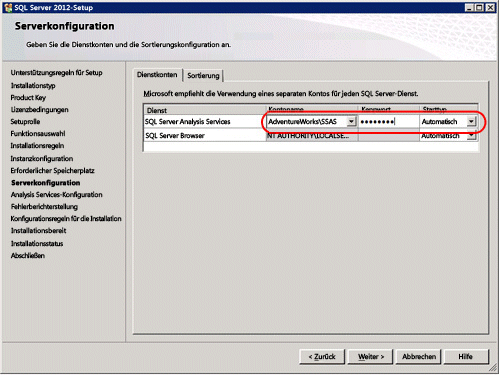 Setup-Assistent für SQL Server - Serverkonfigurationsseite