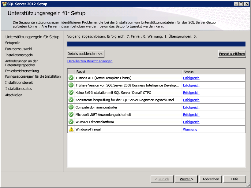 SQL-Setupunterstützungsregeln mit Firewallwarnung