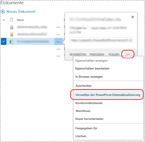 Datenaktualisierung verwalten (Kontextmenü)