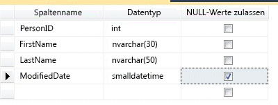 Neue Spalten mit Datentypen werden einer Tabelle hinzugefügt.