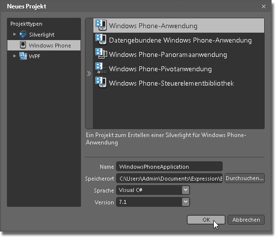 Dialogfeld „Neues Windows Phone-Projekt erstellen“