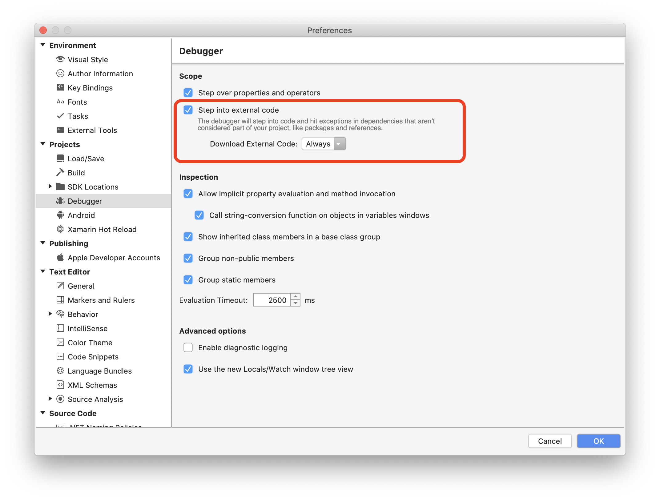 Step into external code option