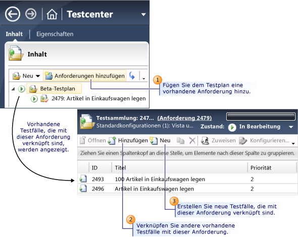 Testfälle mit Anforderungen oder Benutzertextabschnitten verknüpfen