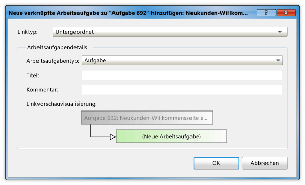 Neue verknüpfte Arbeitsaufgabe zu Benutzertextabschnitt hinzufügen