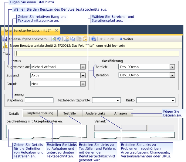 Arbeitsaufgabenformular für eine User Story