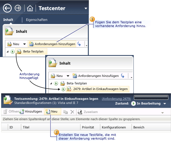 Anforderungen und Testfälle zu einem Testplan hinzufügen