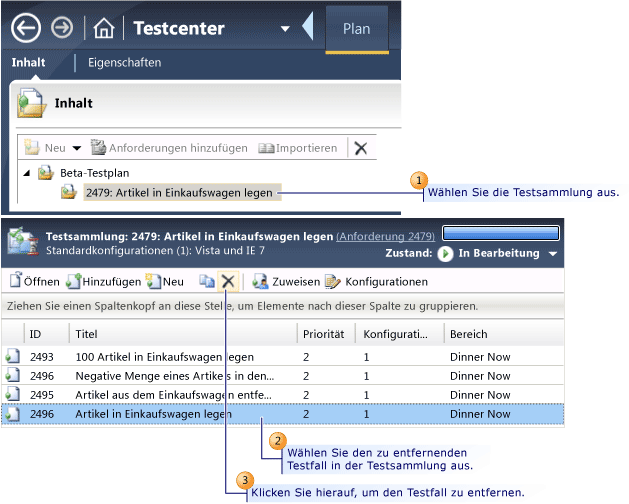 Entfernen eines Testfalls aus einer Testsammlung