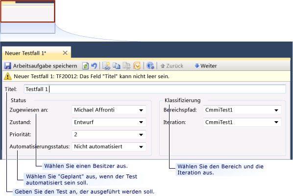 Testfall - oben im Formular, CMMI