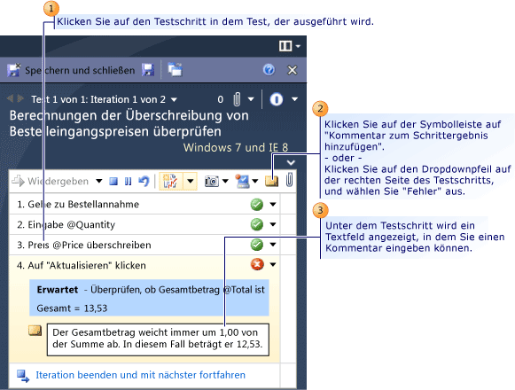 Beim Ausführen eines Tests Kommentare anfügen