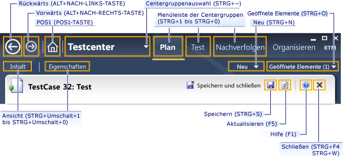 Tastenkombinationen für Microsoft Test Manager