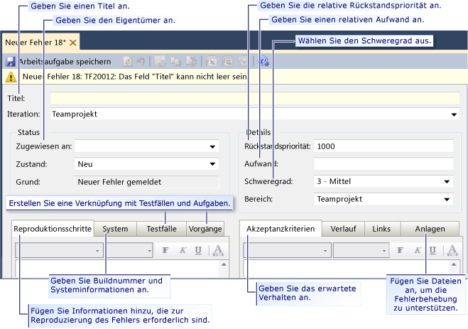 Bildschirmabbildung einer neuen Fehlerarbeitsaufgabe