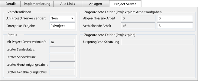 Standardfelder der Registerkarte "Project Server"