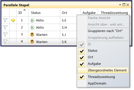 Parallele Aufgaben, columnheader-Menü