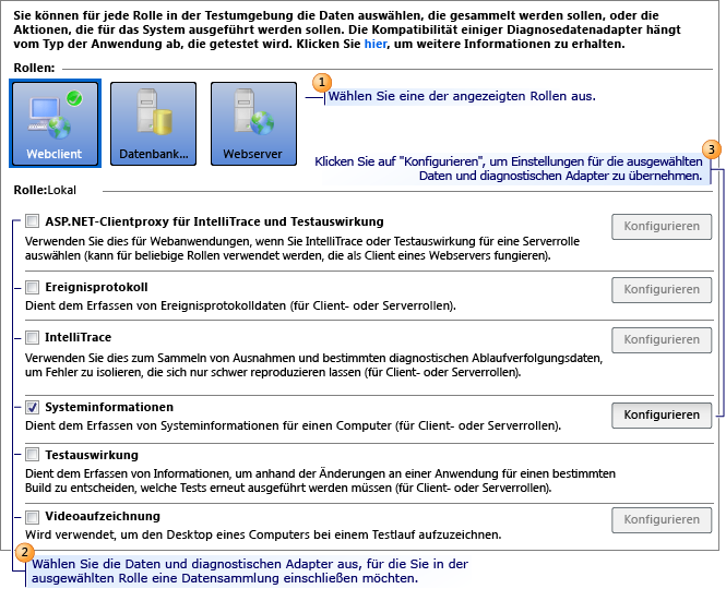 Seite "Daten und Diagnose" in der Testeinstellung