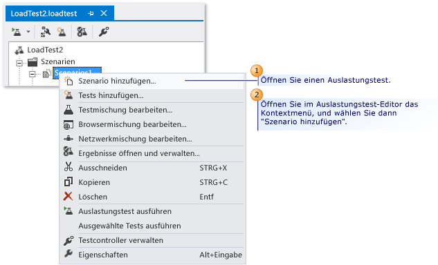 Hinzufügen eines Szenarios zu einem Auslastungstest