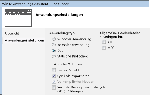 C++-Projektassistent mit den Einstellungen "DLL" und "Symbole exportieren"