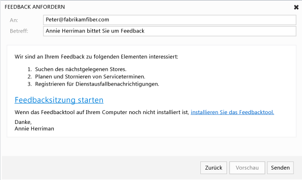 Vorschau des Formulars zur Feedbackanforderung