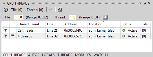 GPU-Threadfenster mit vier aktiven Threads