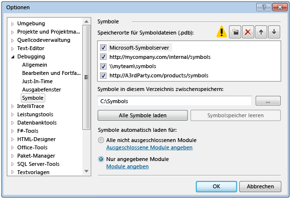 Tools - Optionen - Debuggen - Seite "Symbole"