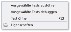 Komponententest-Explorer - Kontextmenü für Komponententest