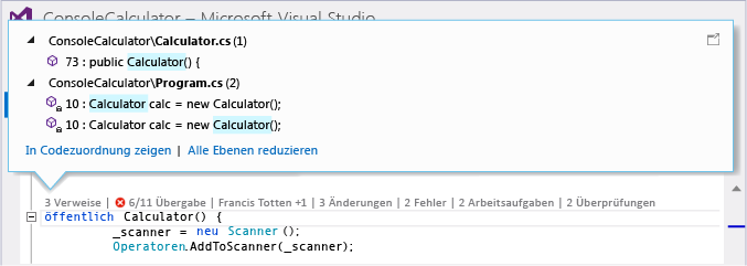 CodeLens indicators in the code editor