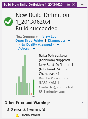 "Hello World" in the build summary