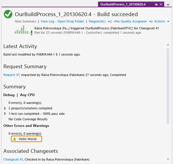 "Hello World" in build summary