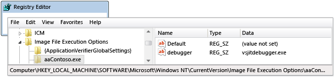 Automatic debugger start entry in regedit.exe