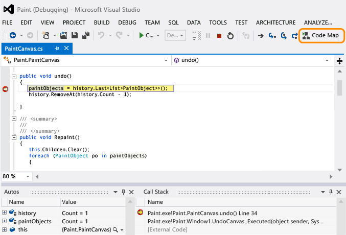 Choose Code Map to start mapping call stack