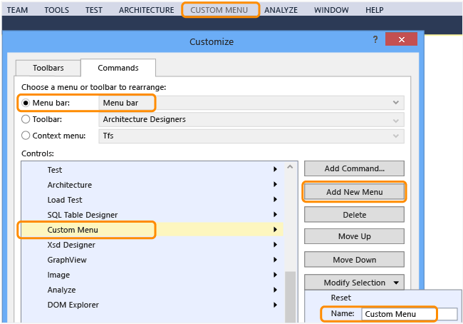 Customize dialog box showing how to add a menu