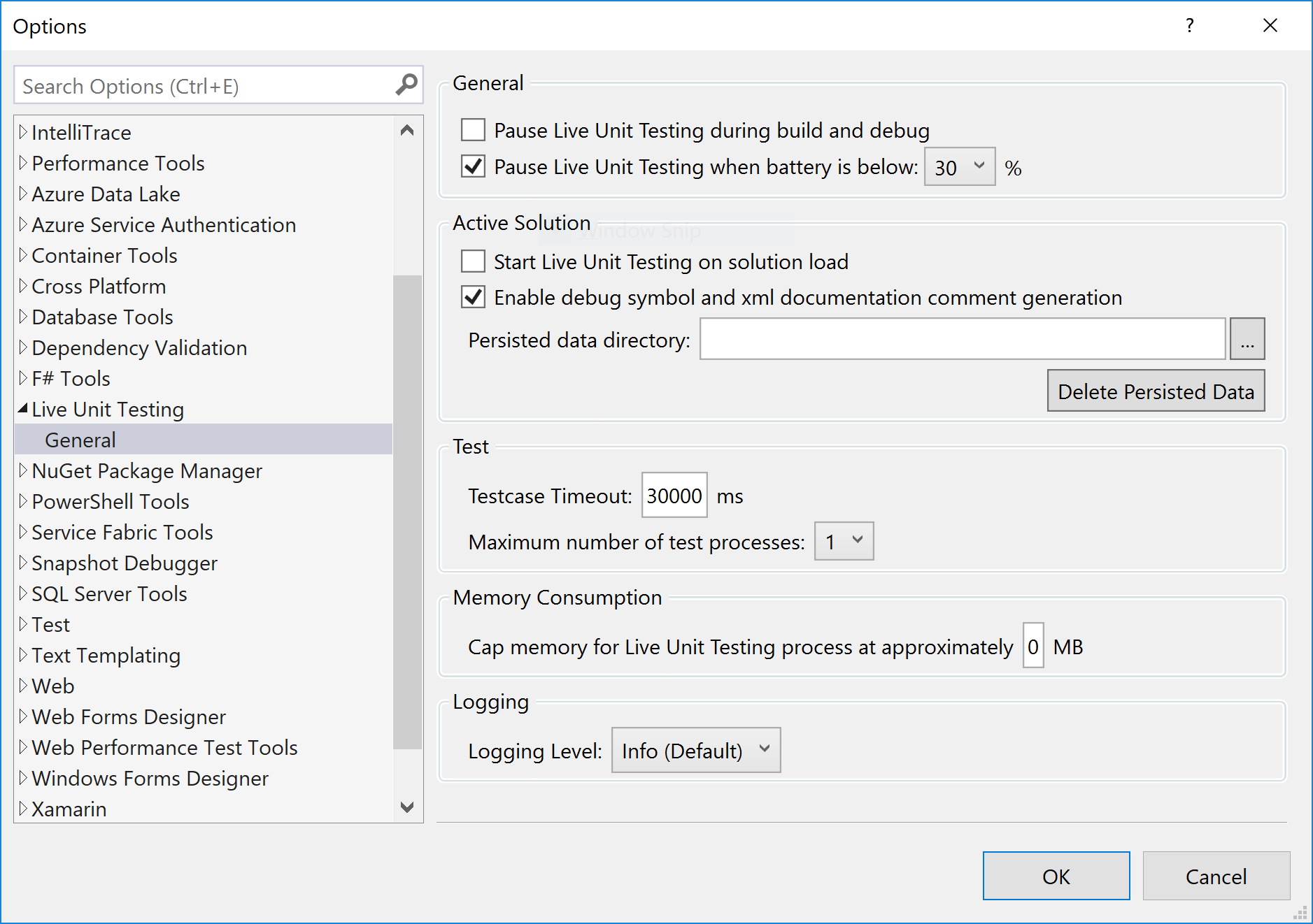 Live Unit Testing configuration options