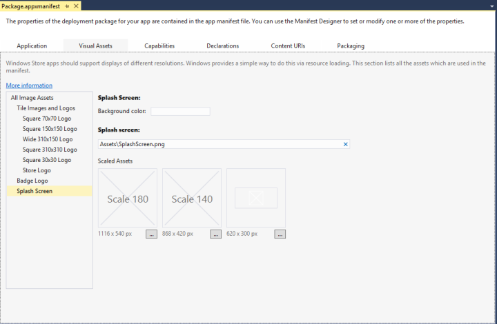 Screenshot des Fensters "Package.appxmanifest" in Visual Studio 2013