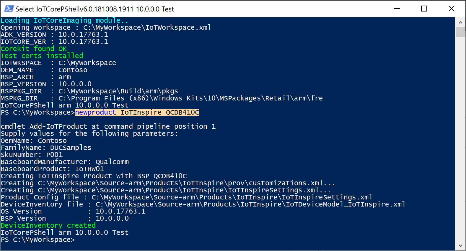 Screenshot: Neues Produkt in PowerShell