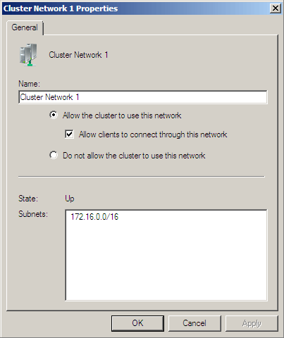 Failover cluster Network Properties dialog box