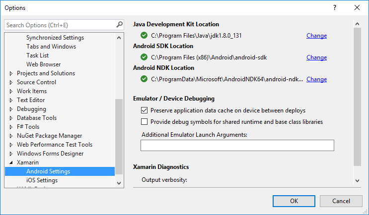 Screenshot des Dialogfelds „Xamarin > Android-Einstellungen“