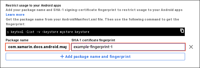 Package name entered is com.xamarin.docs.android.map