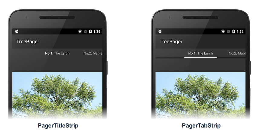 Screenshots der TreePager-App mit PagerTitleStrip und PagerTabStrip