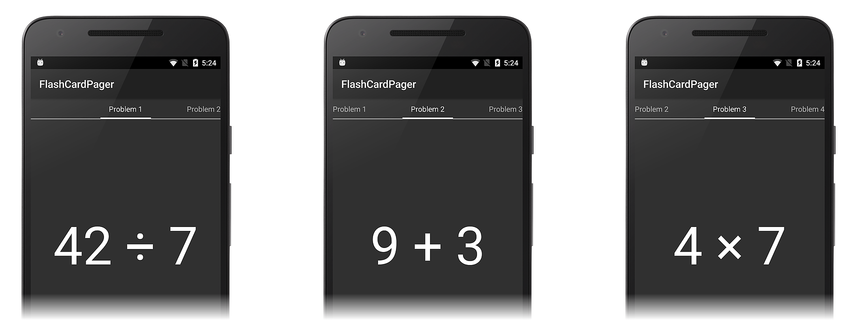 Screenshots von FlashCardPager mit der Problemnummer, die über jeder Seite angezeigt wird