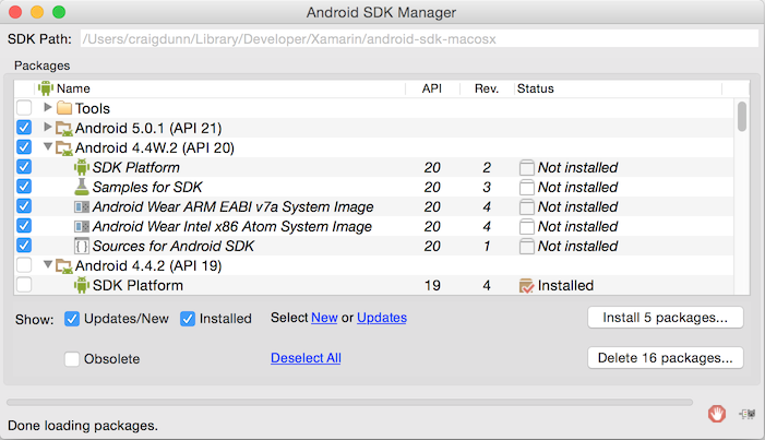 Screenshot des BEISPIEL-SDK-Managers zum Aktivieren von Android 4.4- und 5.0.1-Komponenten