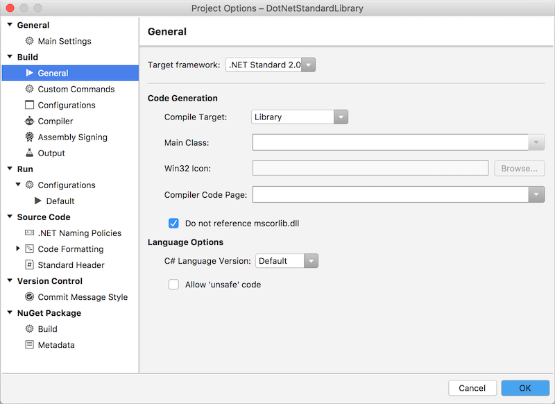 Bearbeiten von .NET Standard-Zielframework in Projektoptionen