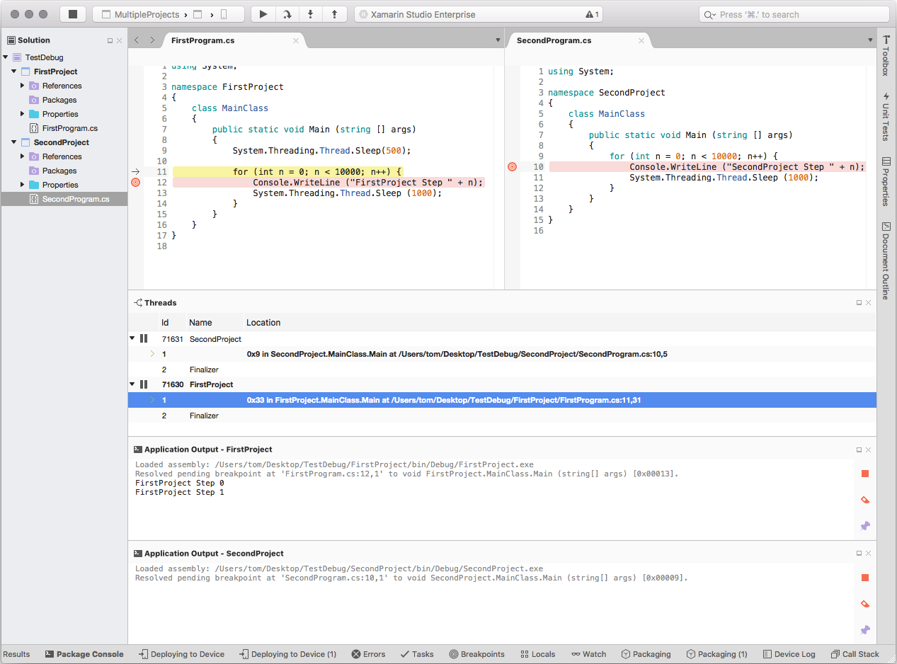 Visual Studio für Mac Debuggen von zwei Projekten