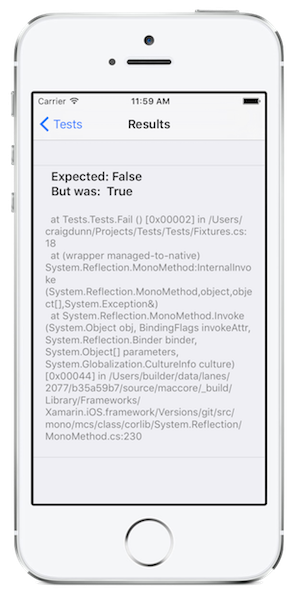 Screenshot: Beispielbericht, Bildschirm „Tests“ mit Teststatus