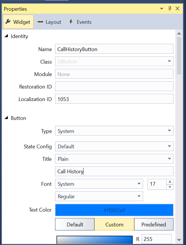 Ändern des Namens der Schaltfläche in „CallHistoryButton“ und des Titels in „Call History“ (Anrufliste)