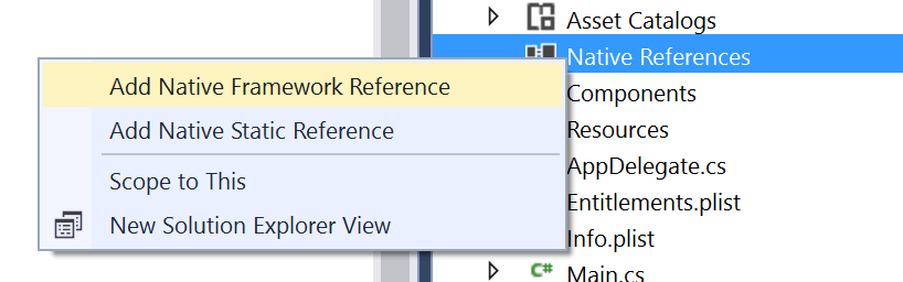 Wählen Sie Native Verweise in Visual Studio hinzufügen aus.