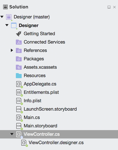 Die beiden Dateien, aus denen die ViewController-Klasse besteht: ViewController.cs und ViewController.designer.cs